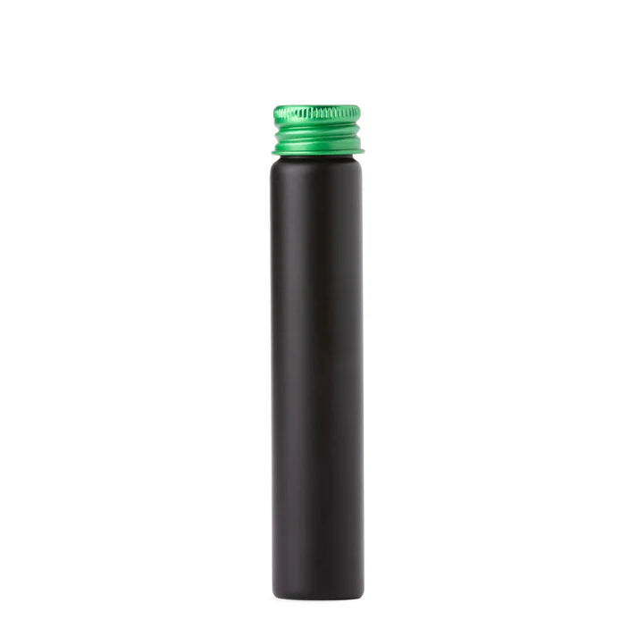 22x116mm black glass pre-roll tube with green metal cap, airtight design