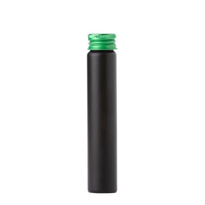 22x116mm black glass pre-roll tube with green metal cap, airtight design