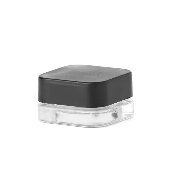 9mL clear glass concentrate jar with black snap-on cap for product visibility