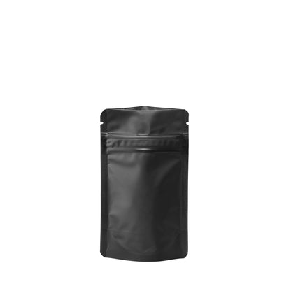 Black stand-up pouch with child-resistant zipper, small, 3.62 x 2 x 5.86 in, 45% PCR material