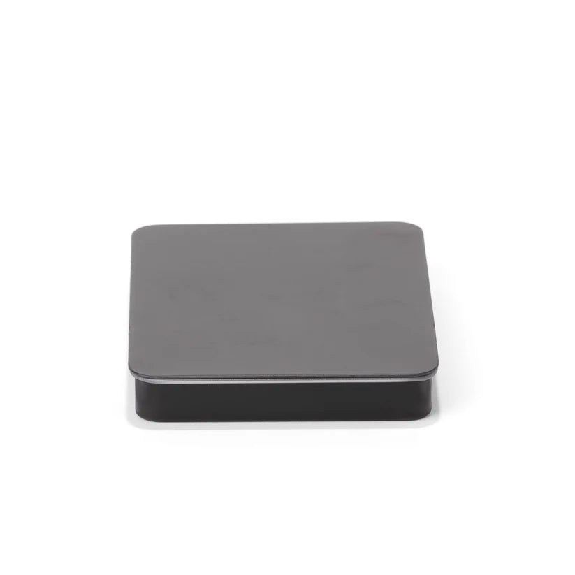 Black slide tin designed to hold 3 or 5 pre-rolls with tamper-resistant closure