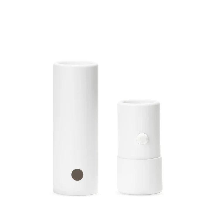 Child-resistant white cardboard vape cartridge tube with press-button locking mechanism