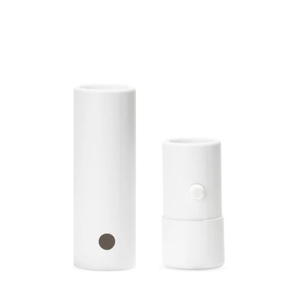Child-resistant white cardboard vape cartridge tube with press-button locking mechanism