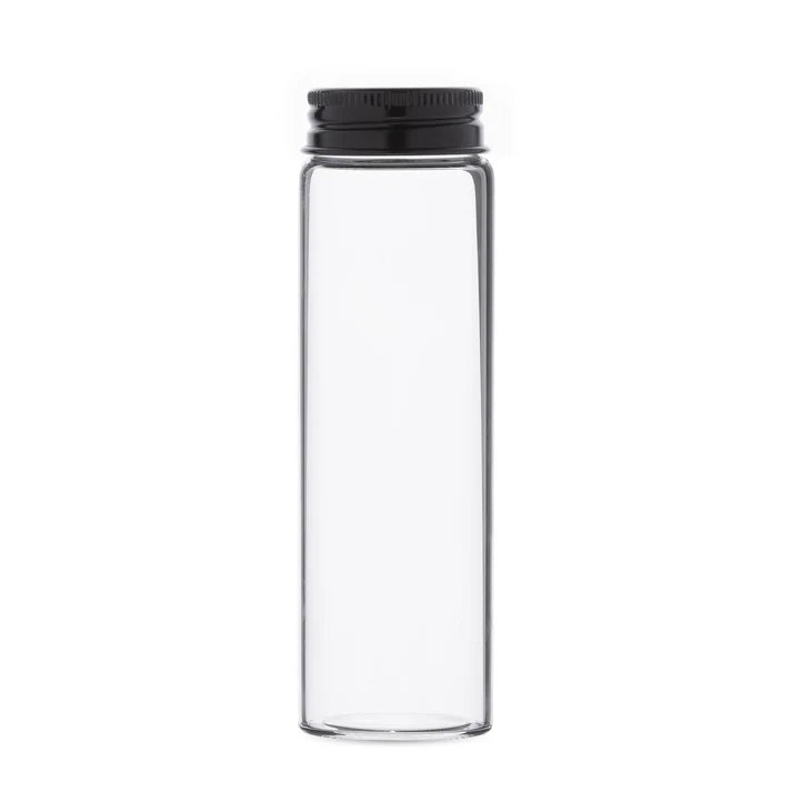 Clear glass pre-roll tube with 32-415 black metal cap for premium cannabis packaging