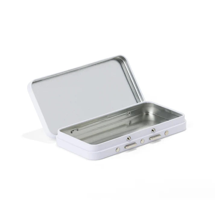 Compact white hinged tin box, 120mm length, for discreet cannabis packaging