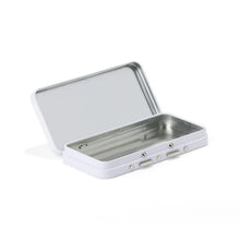 Compact white hinged tin box, 120mm length, for discreet cannabis packaging