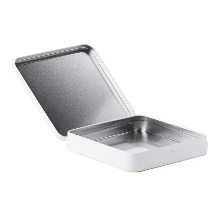 Matte white square tin box for cannabis edibles and concentrate packaging