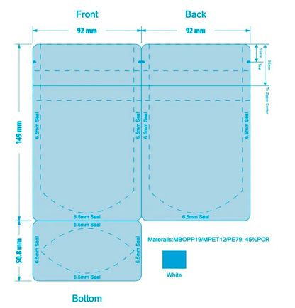 Matte white stand-up pouch with oxygen and moisture barrier for edibles and herbs