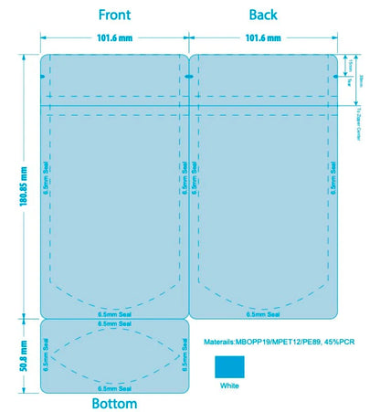 Sustainable white stand-up pouch made with 45% PCR material and resealable zipper