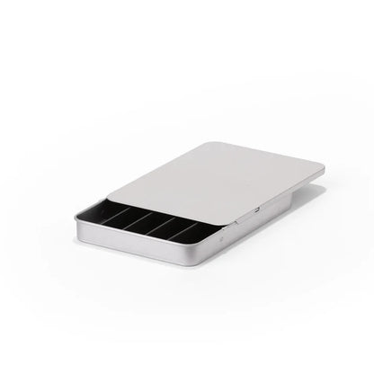 Silver child-resistant slider tin for secure cannabis pre-roll packaging