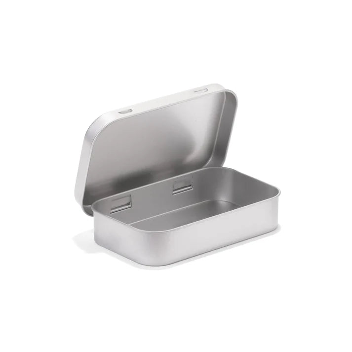 Silver tin box for storing pre-rolls, edibles, and small accessories