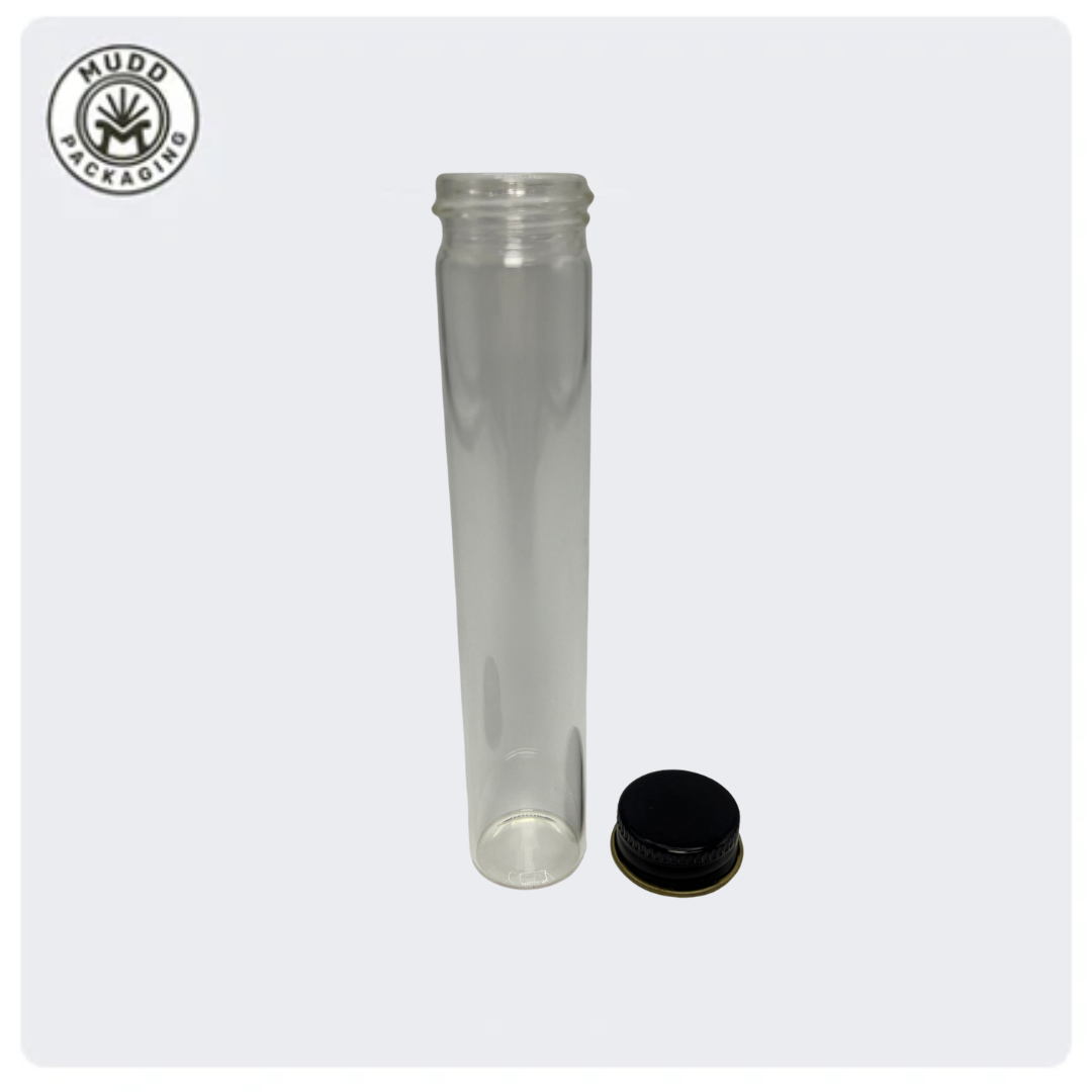 22x116mm Clear Wide Mouth Glass Tube with Black Metal Cap (300/case)