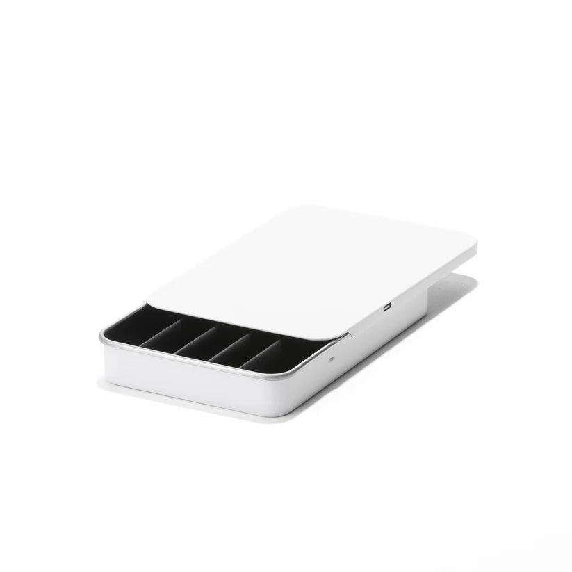 White child-resistant slide tin box for secure cannabis pre-roll packaging