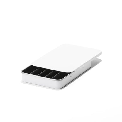 White child-resistant slide tin box for secure cannabis pre-roll packaging