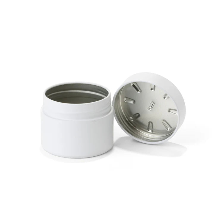 White round tin jar for storing cannabis flower, edibles, and small products