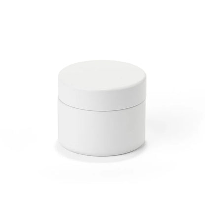 White tin jar with minimalist design for premium cannabis packaging