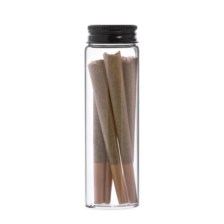 Wholesale clear glass pre-roll tubes with black metal caps for bulk cannabis packaging